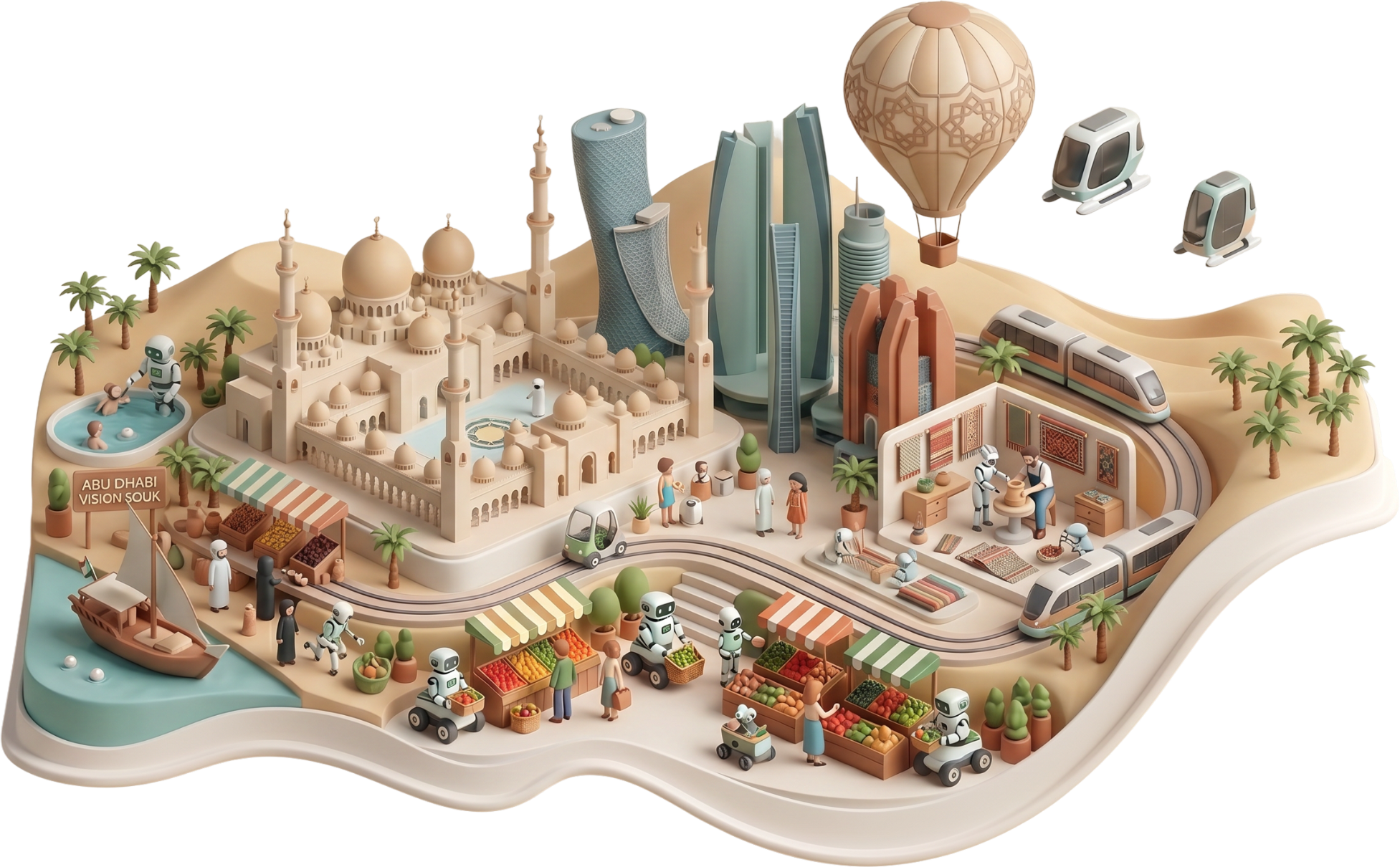 Illustrated isometric view of an Olivaw-imagined Abu Dhabi, with robots in a souk, a carpet workshop, the Grand Mosque, towers, a dhow, and a metro line.