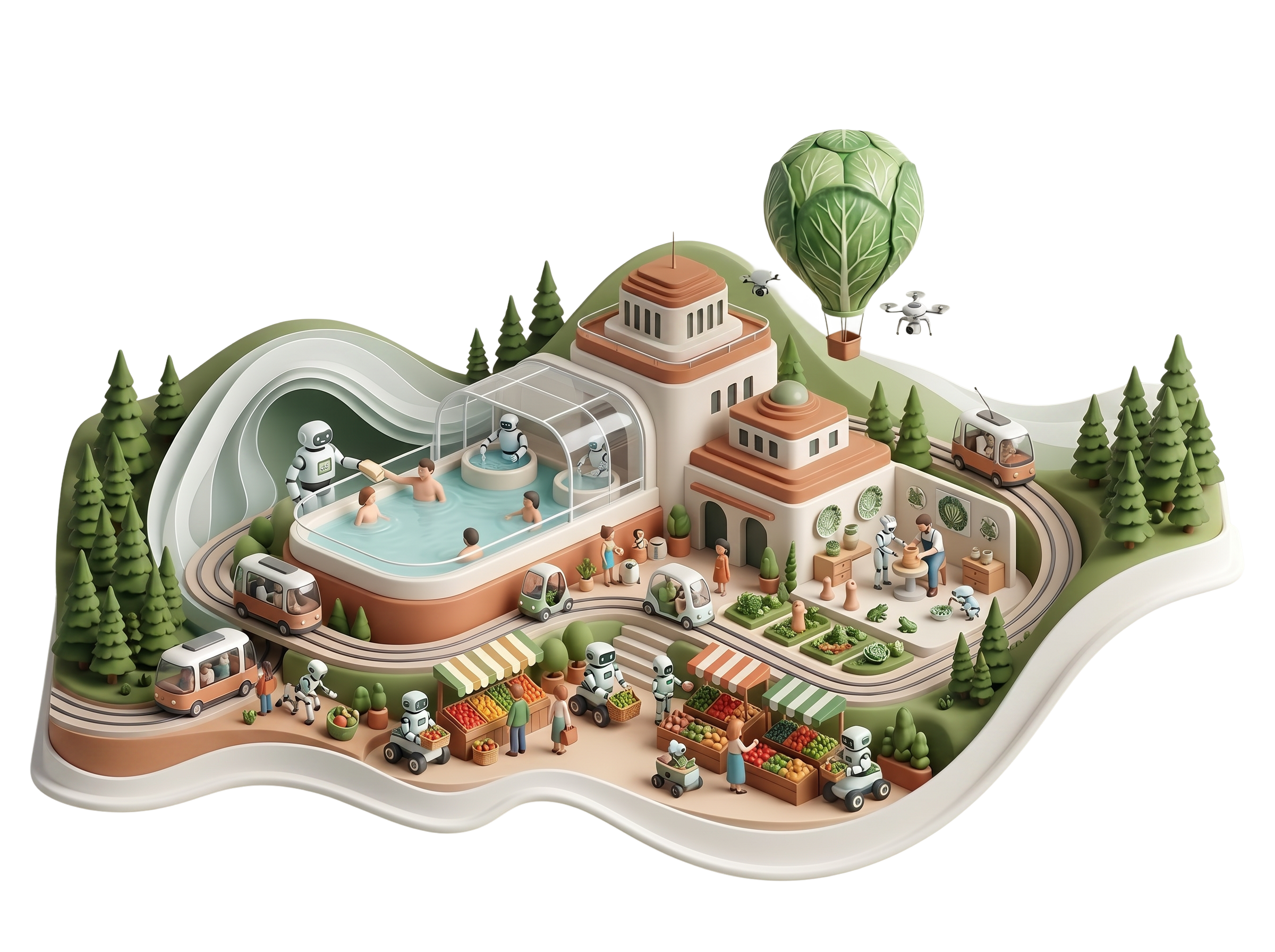 Illustrated isometric view of an Olivaw-imagined Caldas da Rainha, with robots in a market, a thermal pool, a ceramics studio, and the streets of town.